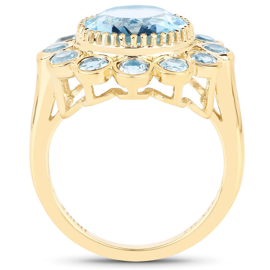 14K Yellow Gold Plated 6.59 Carat Genuine Blue Topaz .925 Sterling Silver Ring