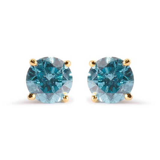 14K Yellow Gold 1.0 Cttw Treated Aqua Blue Diamond Classic Solitaire Stud Earrings (Aqua Blue Color, I2-I3 Clarity)