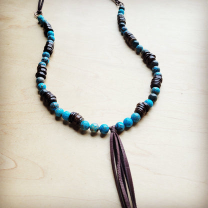 **Ocean Agate Necklace with Wood Beads and Leather Tassel 260b
