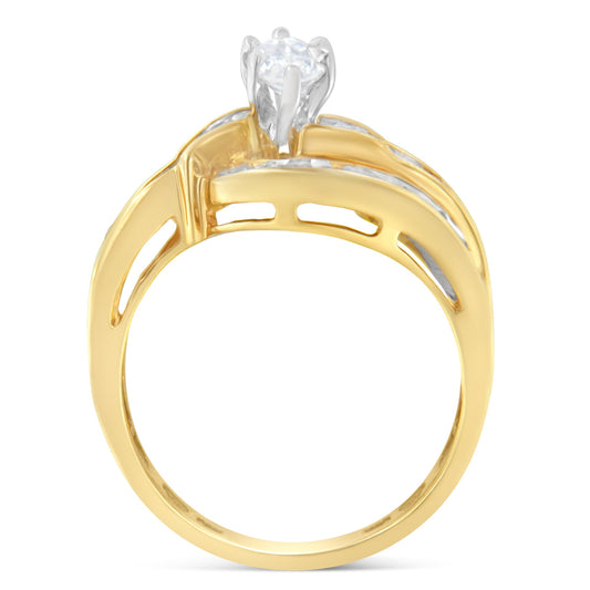14KT Two-Toned Gold Marquise, Baguette and Round Cut Diamond Bypass Ring (1 cttw, H-I Color, SI1-SI2 Clarity) (Size 7)