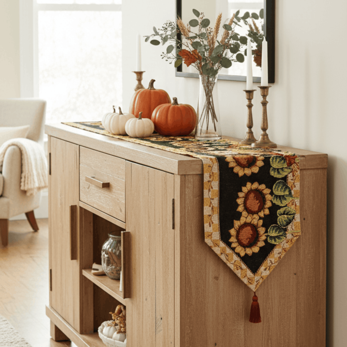 Tache Sunflower Field Scarecrow Autumn Harvest Woven Tapestry Table Runners (11712TR) Otarealm
