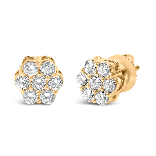 14K Yellow Gold 3/4 Cttw 7 Stone Floral Cluster Round Brilliant Cut Diamond Stud Earrings with Screw Backs (I-J Color, SI2-I1 Clarity) Otarealm
