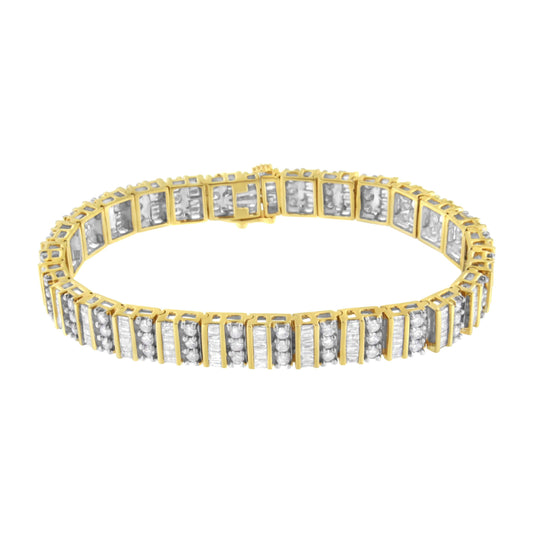 14K Yellow Gold 5.50 Cttw Round and Baguette Diamond Link Bracelet