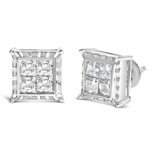 14K White Gold 2.00 Cttw Invisible Set Princess-Cut Lab Grown Diamond Wavy Quad Stud Earrings