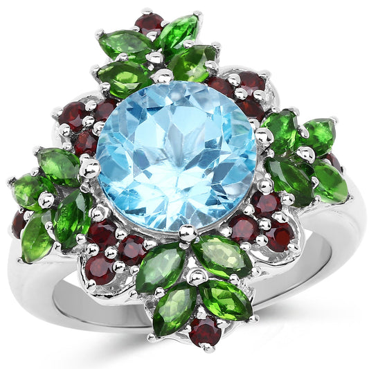5.76 Carat Genuine Blue Topaz, Chrome Diopside & Garnet .925 Sterling Silver Ring