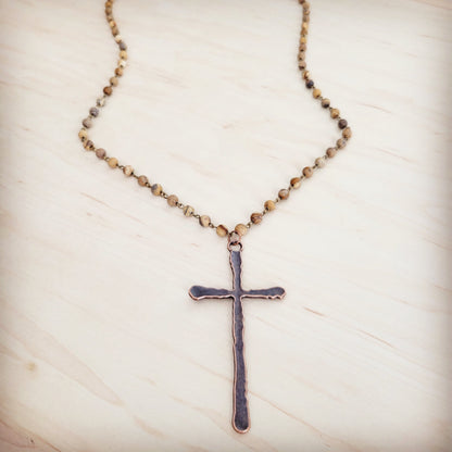 Genuine Picture Jasper Long Beaded Necklace with Antique Copper Cross 262w