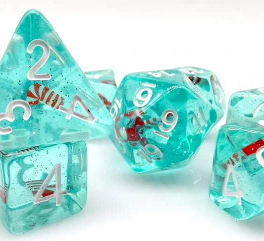 Translucent Teal w/Red & White Stocking Inclusion 7-Dice Set RPG DND