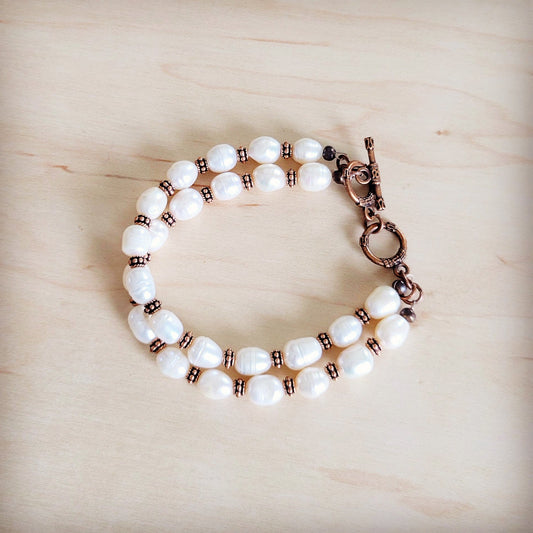 Freshwater Pearl & Copper Boho Beaded Double Strand Bracelet 811y