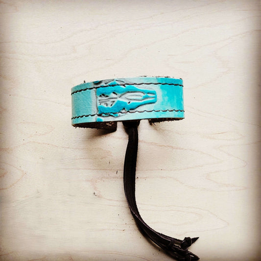 **Narrow Leather Cuff w/ Adjustable Tie Turquoise Steer Head 013j Otarealm