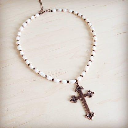 Genuine Freshwater Pearl Collar Boho Necklace w/ Cross 263s
