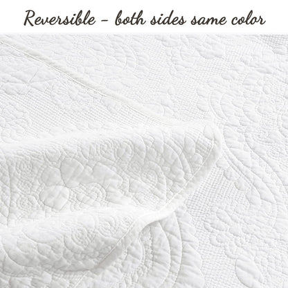 Solid White Chic Brocade Matelassé Medallion Floral Cotton Reversible Quilt Bedding Set
