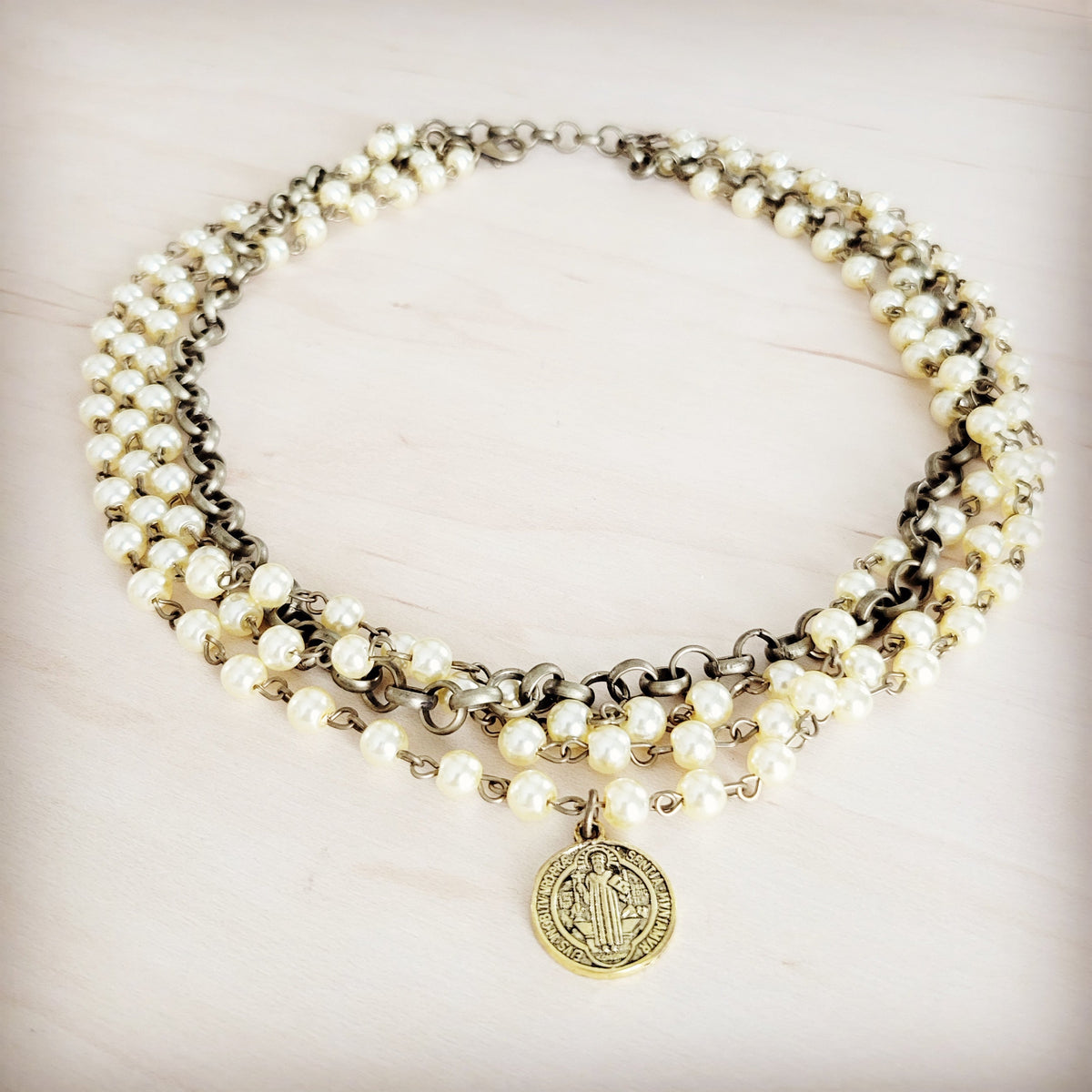 Champagne Pearl Beaded Collar Necklace w/ Pendant 263x