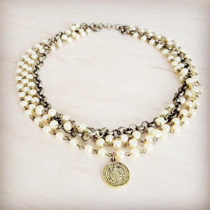 Champagne Pearl Beaded Collar Necklace w/ Pendant 263x