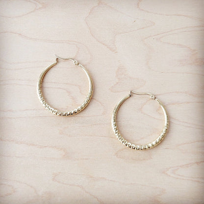 **Medium Stainless Steel Engraved Hoop Earrings 14K Gold Plating 200d