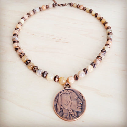 **Natural Agate Beaded Collar Necklace w/ Indian Head Pendant 262m