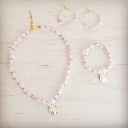 **Beaded Hoop Earrings- Genuine Natural Rose Quartz Stones 200bk