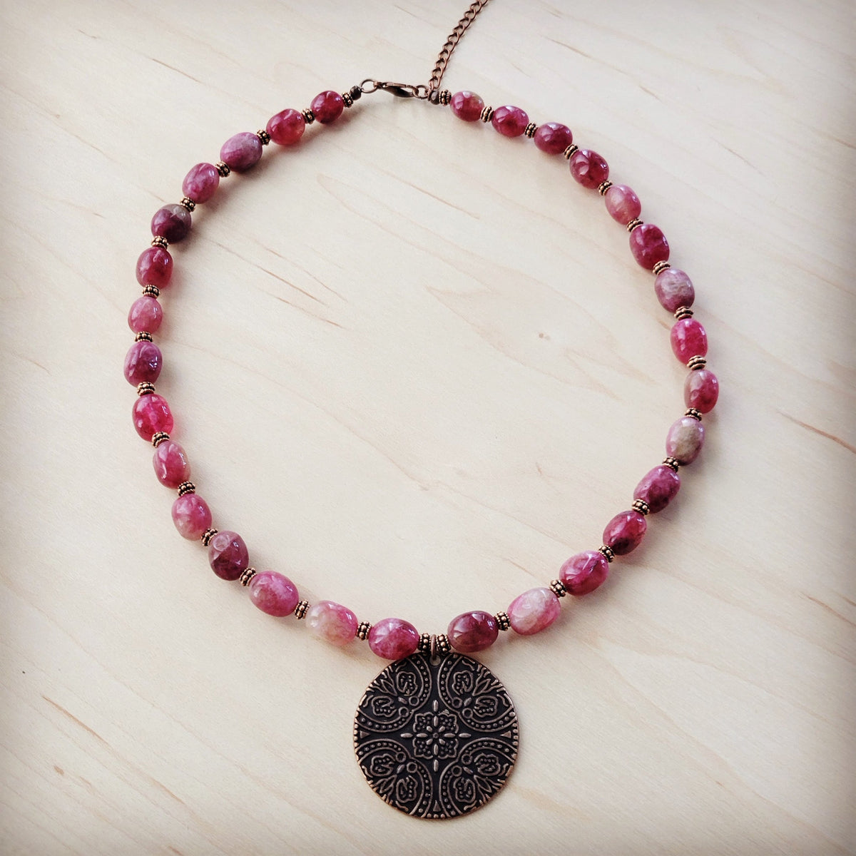 **Natural Pink Jade Beaded Collar Necklace w/ Scroll Pendant 261L