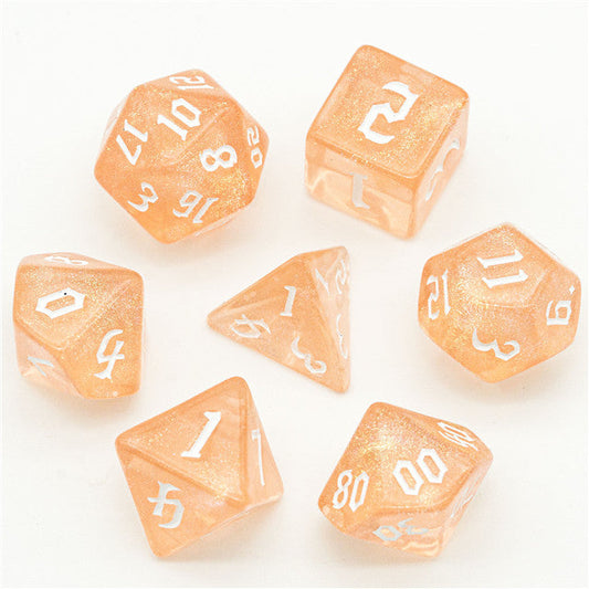 Peach Glitter Party Glitter Dice (White font) 7-Dice Set RPG DND