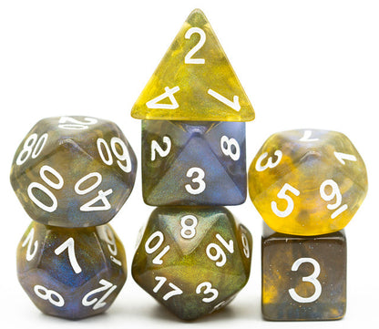 Yellow & Blue w/white Galaxy Glitter 7-Dice Set RPG