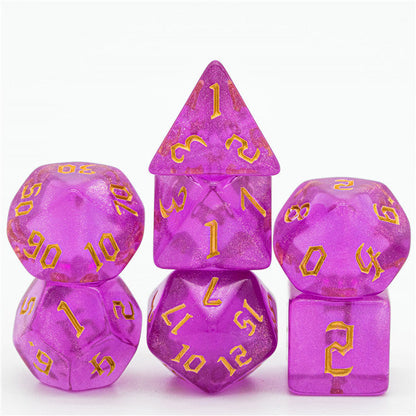 Violet Glitter Party Glitter Dice (Gold font) 7-Dice Set RPG DND