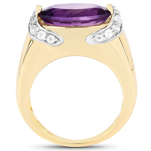14K Yellow Gold Plated 4.98 Carat Genuine Amethyst and White Topaz .925 Sterling Silver Ring
