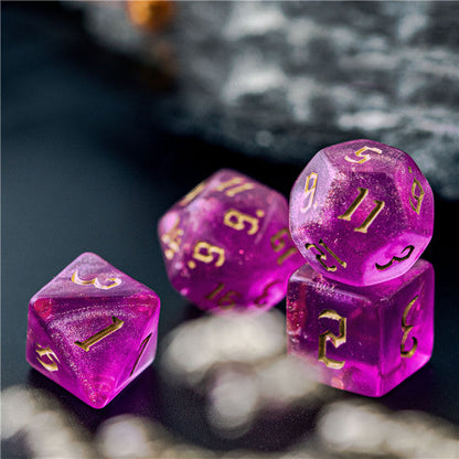 Violet Glitter Party Glitter Dice (Gold font) 7-Dice Set RPG DND