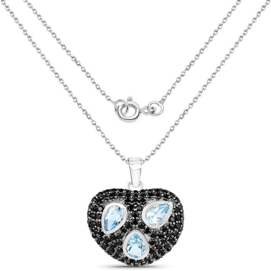 3.52 Carat Genuine Blue Topaz and Black Spinel .925 Sterling Silver Pendant