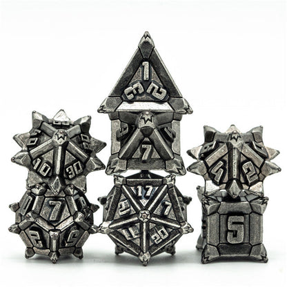 Vintage Silver Pinwheel Strengthened Metal 7-Dice Set | Metal DND Dice