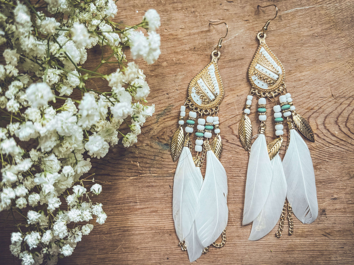 Beautiful White Boho Feather Earrings Otarealm