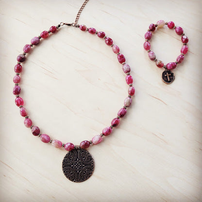 **Natural Pink Jade Beaded Collar Necklace w/ Scroll Pendant 261L