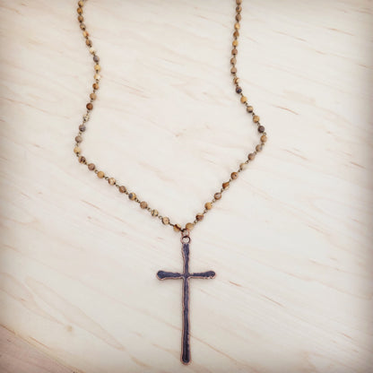 Genuine Picture Jasper Long Beaded Necklace with Antique Copper Cross 262w