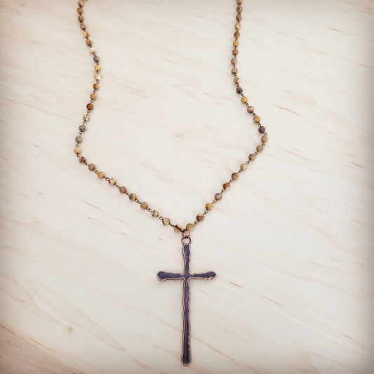 **Genuine Picture Jasper Long Beaded Necklace with Antique Copper Cross 262w