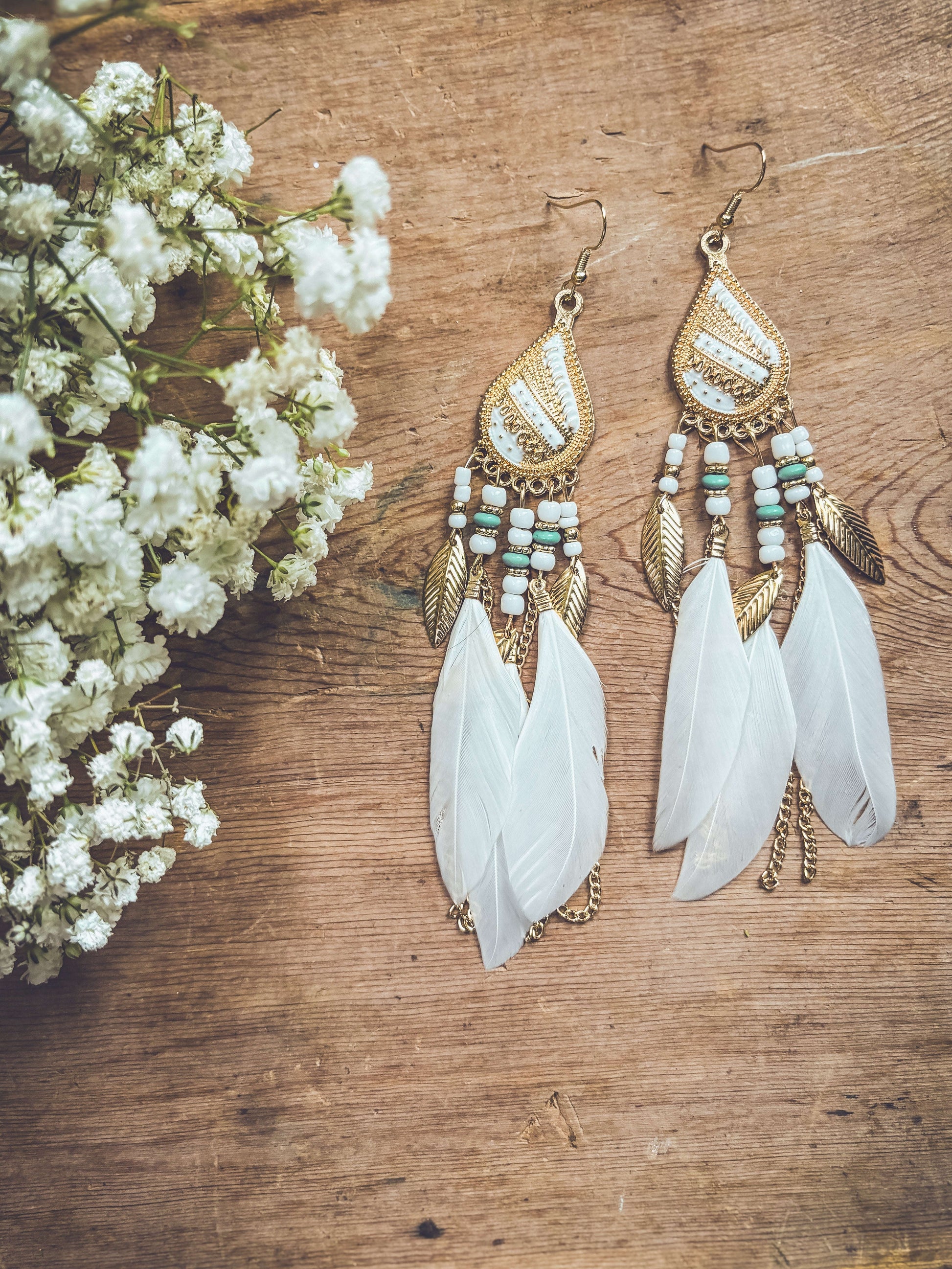 Beautiful White Boho Feather Earrings Otarealm