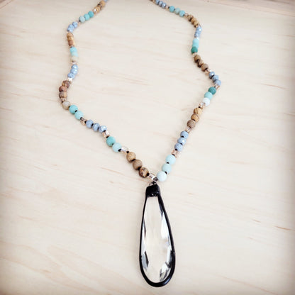 **Picture Jasper & Amazonite Long Beaded Necklace w/ Crystal Pendant 262r