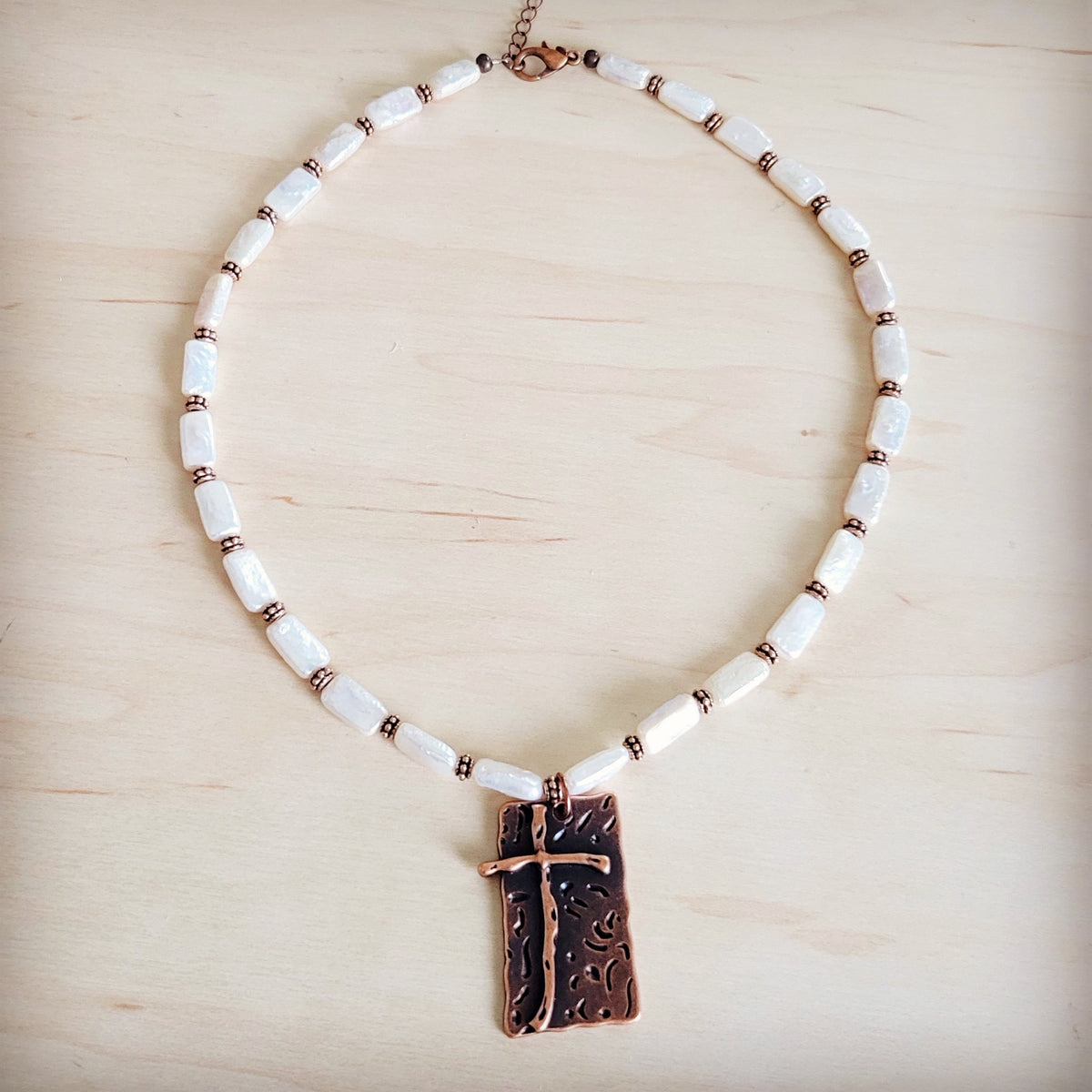 Rectangle Freshwater Pearl & Copper Necklace w/ Antique Cross Pendant 264a