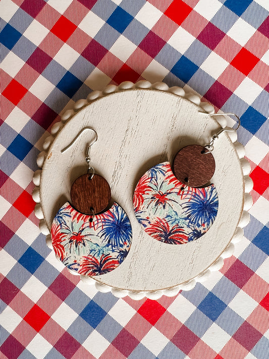 Beautiful Red, White, and Blue Wooden Firework Drop Earrings