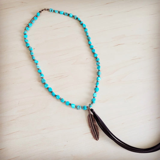 **Turquoise & Copper Necklace w/ Feather Tassel Pendant 264c