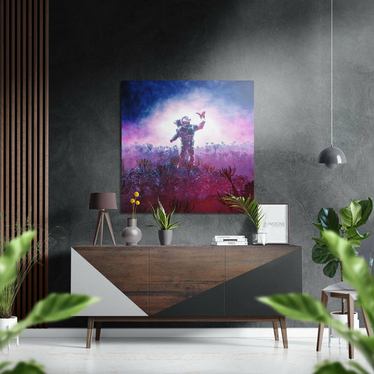 Astronaut in Pink Alien Field Brushed Aluminium Dibond Wall Art