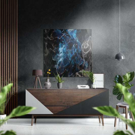 Blue Flame Black Marble Brushed Aluminium Dibond Wall Art