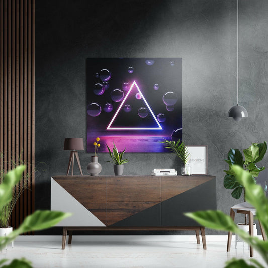 Neon Triangle Floating Bubbles Brushed Aluminium Dibond Wall Art