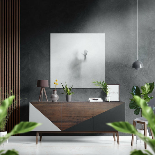 Hand Behind Frosted Glass Mist Brushed Aluminium Dibond Wall Art