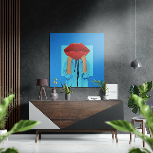 Giant Red Lips Head on Blue Brushed Aluminium Dibond Wall Art
