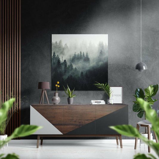 Foggy Evergreen Forest in Soft Mist Brushed Aluminium Dibond Wall Art