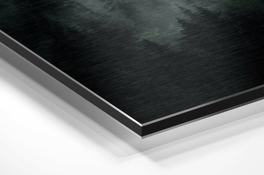 Foggy Evergreen Forest in Soft Mist Brushed Aluminium Dibond Wall Art
