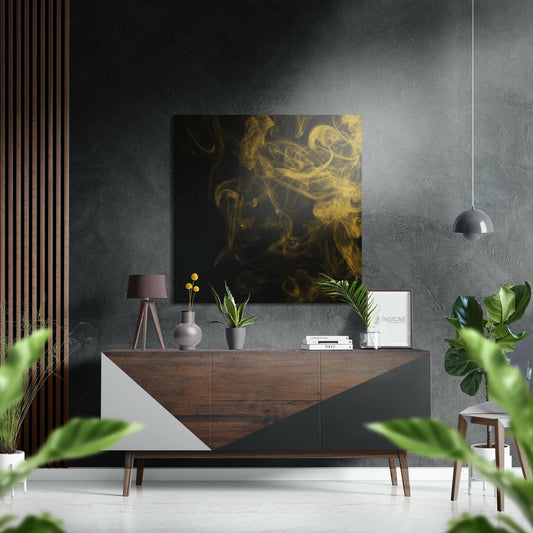 Yellow Smoke Wisps on Black Brushed Aluminium Dibond Wall Art