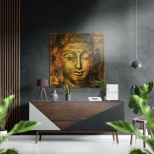 Antique Golden Buddha Face Portrait Brushed Aluminium Dibond Wall Art