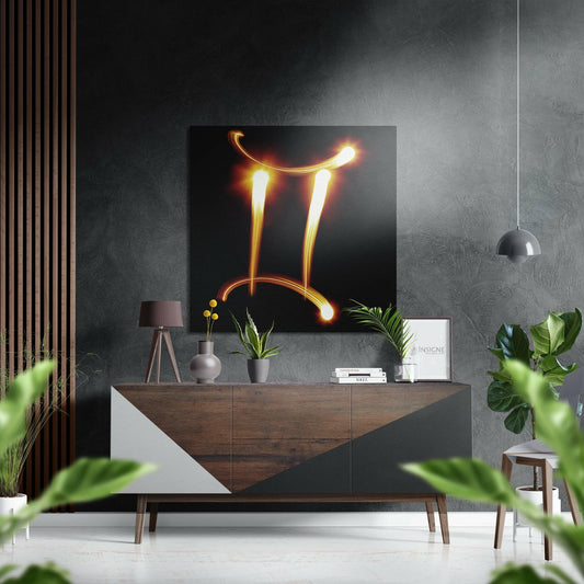 Glowing Fire Gemini Zodiac Glyph Brushed Aluminium Dibond Wall Art