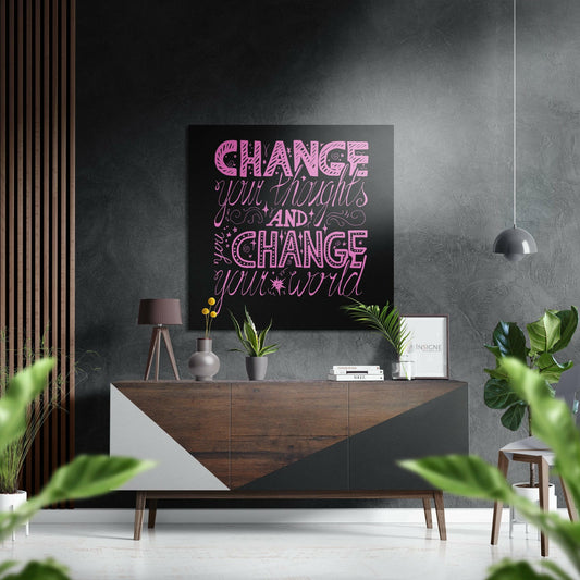 Pink Hand Lettered Change Quote on Black Brushed Aluminium Dibond Wall Art