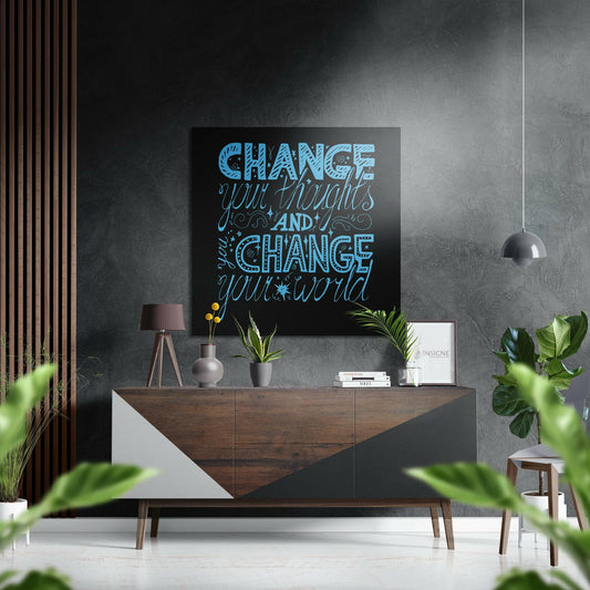 Blue Hand Lettered Change Quote on Black Brushed Aluminium Dibond Wall Art
