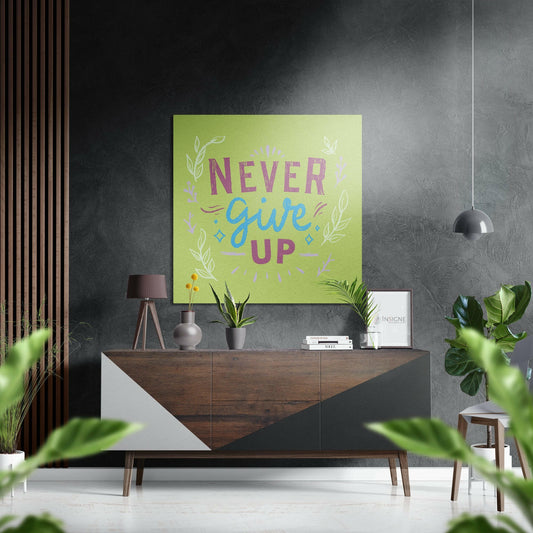 Lime Green Leafy Never Give Up Brushed Aluminum Dibond Wall Art